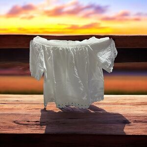 Davi & Dani Womens Large Blouse White Off Shoulder Woven Lace Trim 3/4 Slv 16853